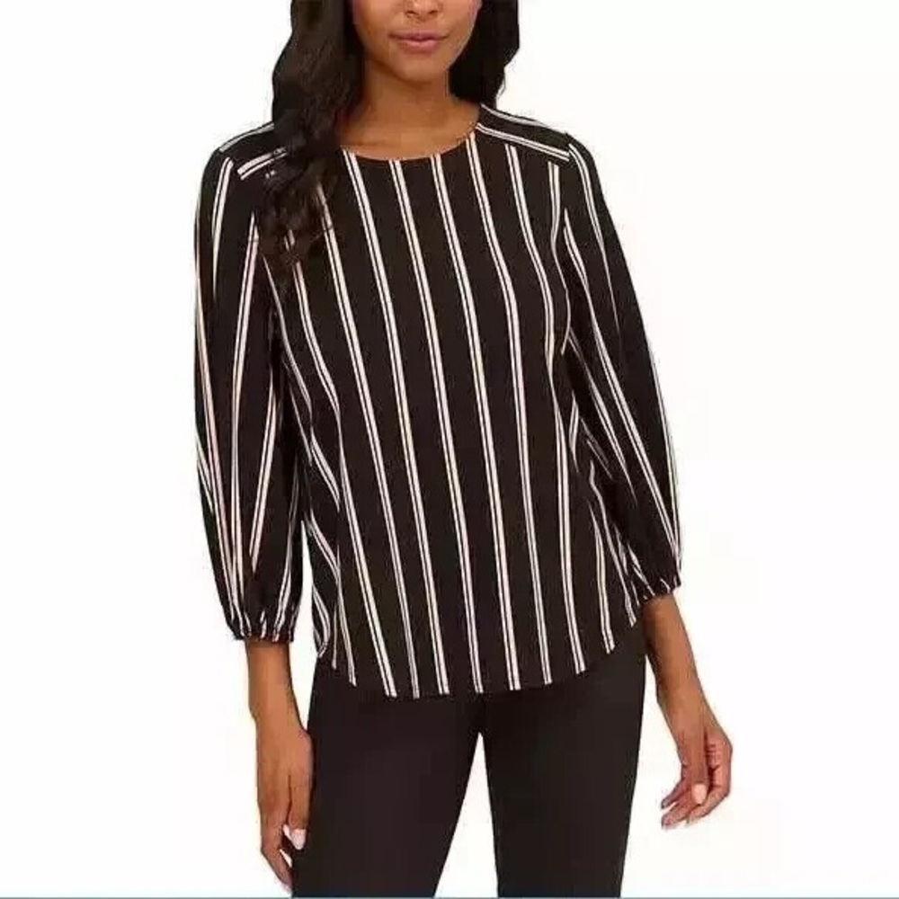 Adrianna Papell Keyhole 3/4 Quarter Balloon Sleeves Black Tan Striped Blouse L